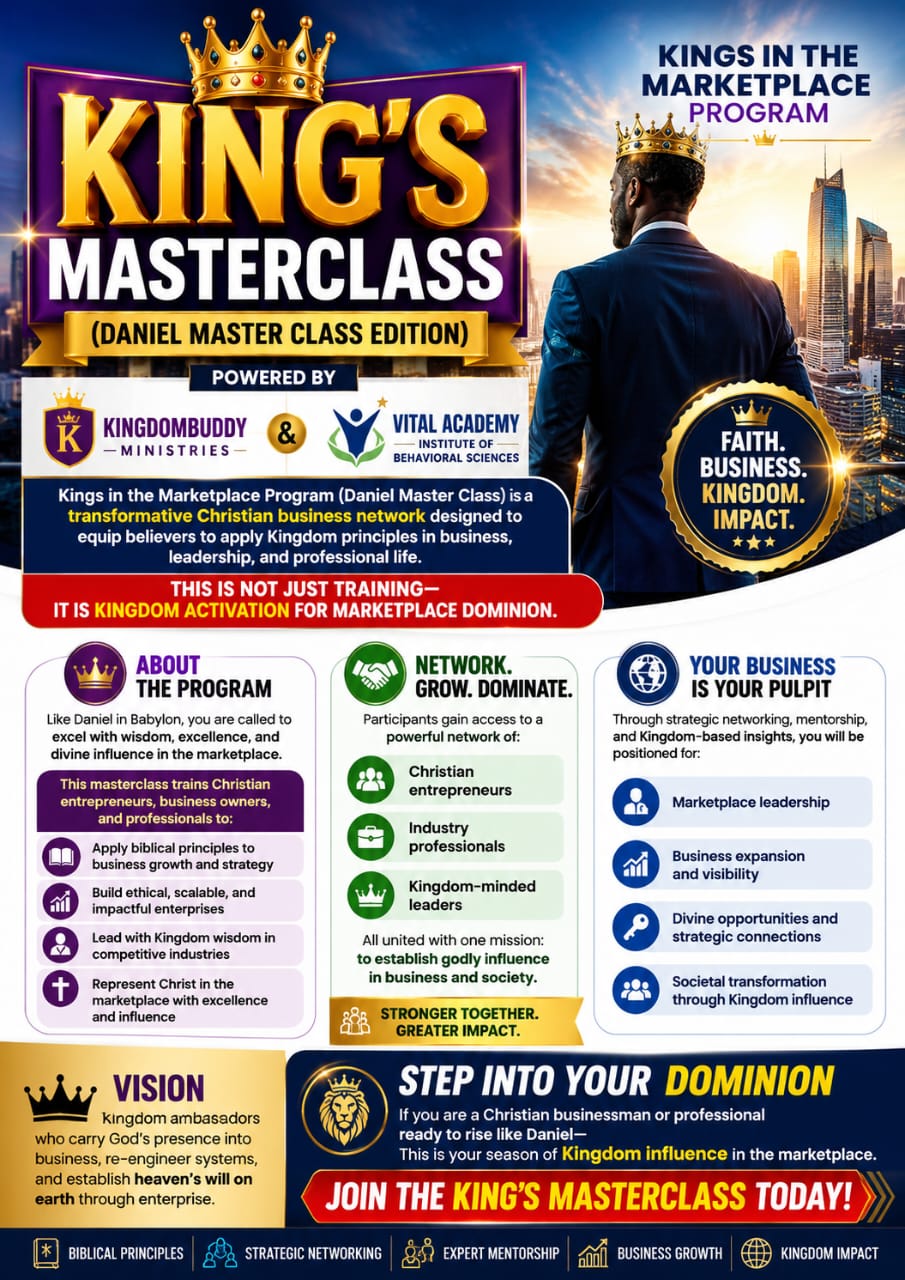King's Masterclass - Daniel Master Class Edition flyer, powered by KingdomBuddy Ministries and Vital Academy